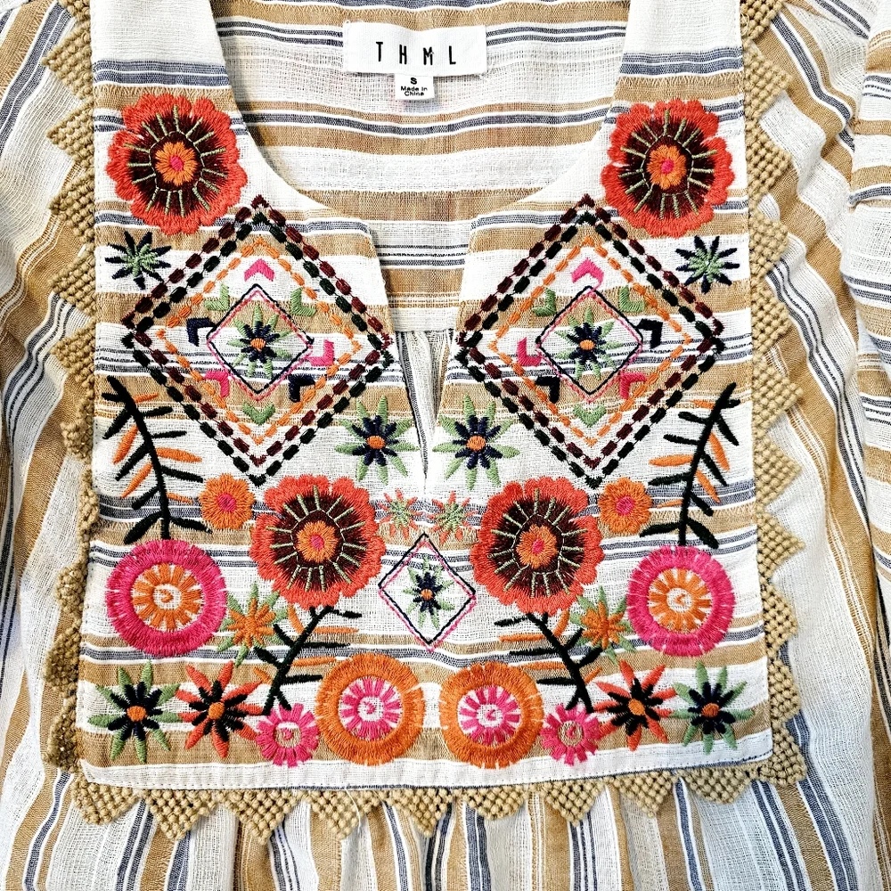 THML Babydoll Top S Floral Embroidered Striped Ruffle Boho Prairie Cottagecore - Picture 5 of 8